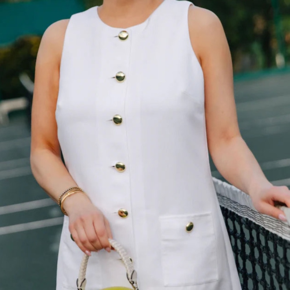 STS Button Front sleeveless White Dress with Gold Button Details